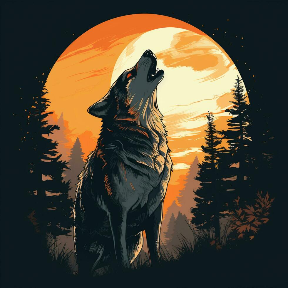 Wolf on the background of the sun in the forest. Vector illustration Ai Generated photo