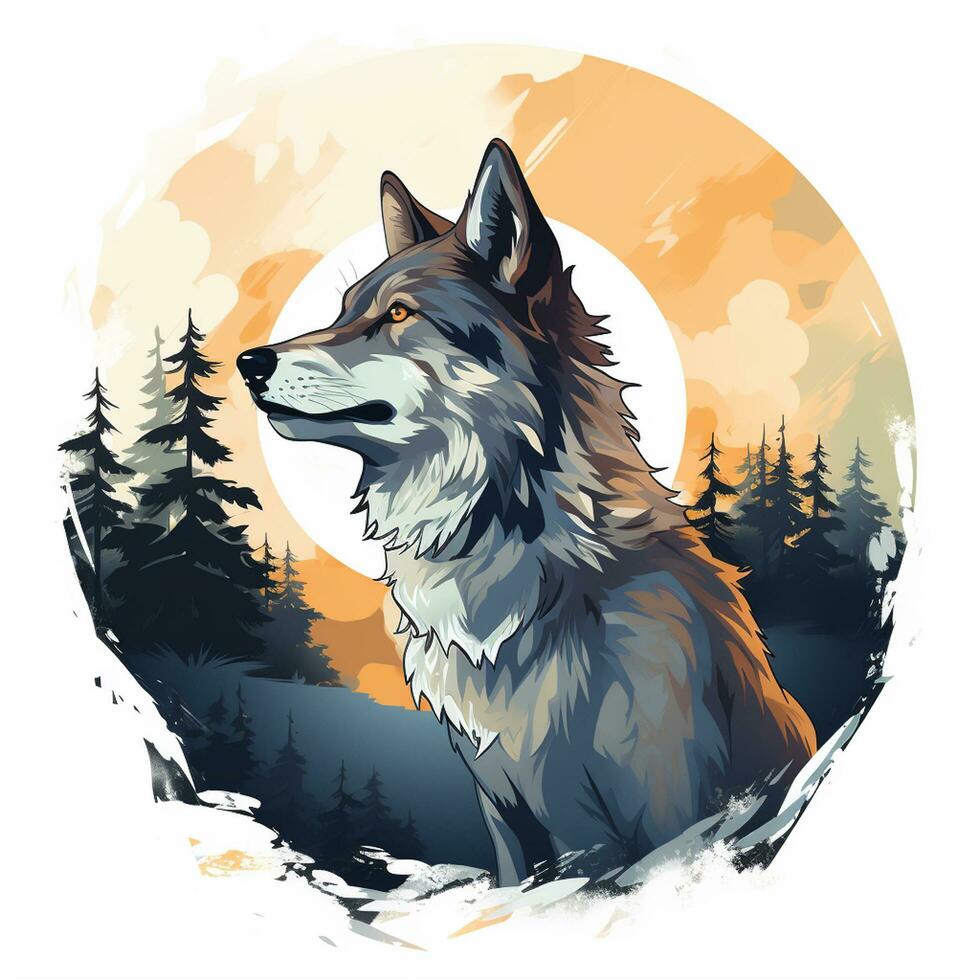 Wolf on the background of the sun in the forest. Vector illustration Ai Generated photo