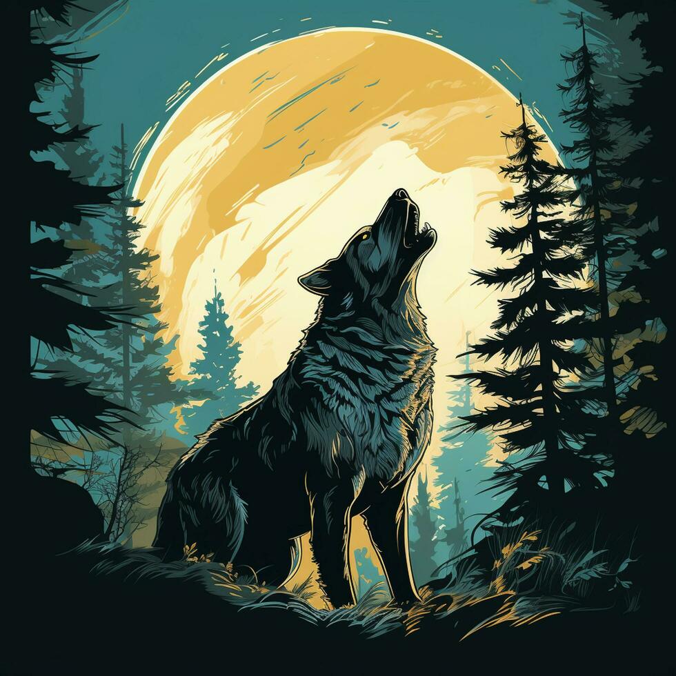 Wolf on the background of the sun in the forest. Vector illustration Ai Generated photo