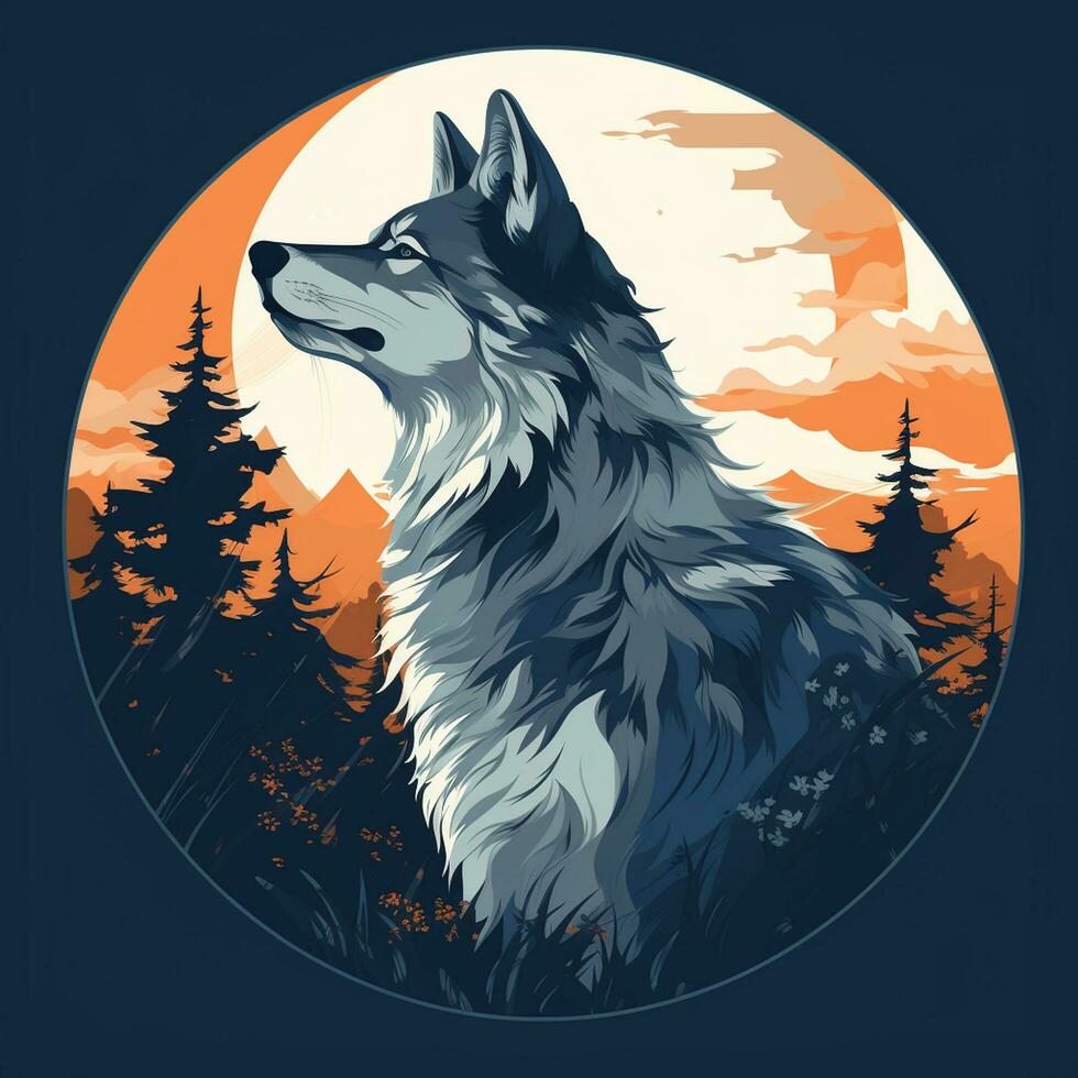 Wolf on the background of the sun in the forest. Vector illustration Ai Generated photo