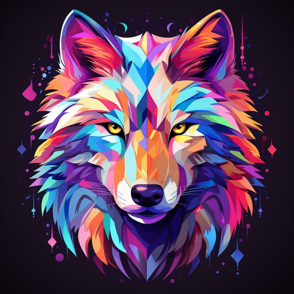 Colorful wolf head with multicolored splashes on dark background Ai Generated photo