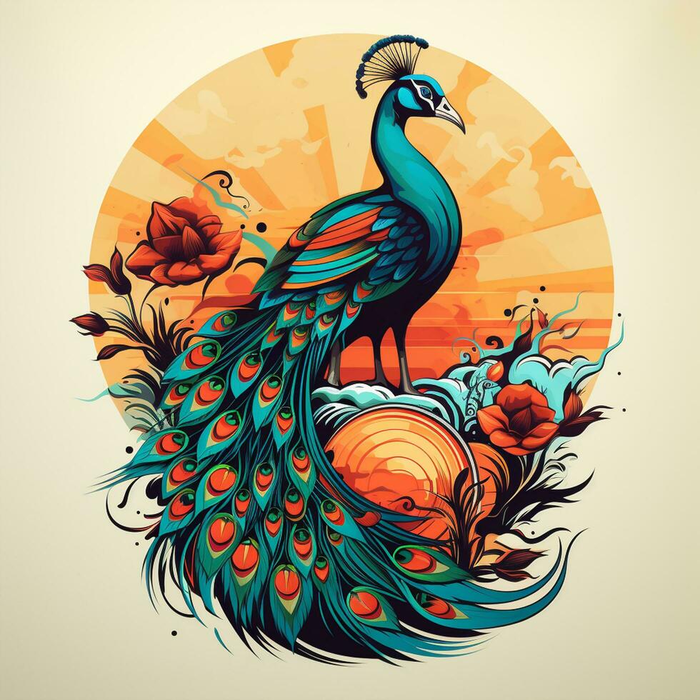 Peacock with sun and flowers. Vector illustration in retro style. Ai Generated photo