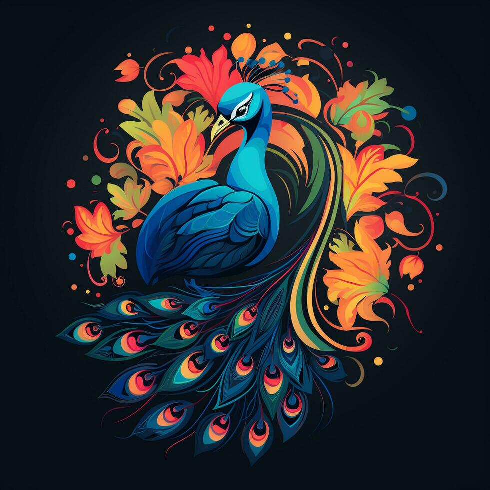 Peacock with sun and flowers. Vector illustration in retro style. Ai Generated photo