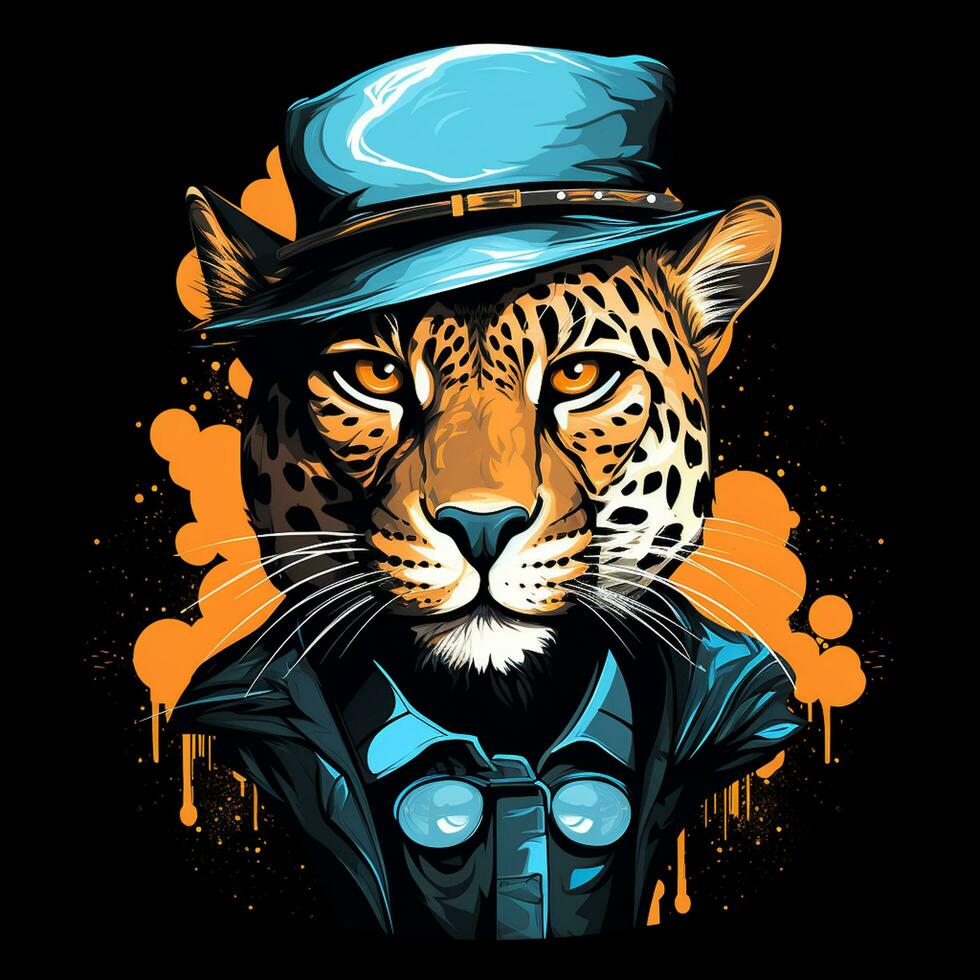 Leopard in a hat and suit of a gangster. Vector illustration Ai Generated photo