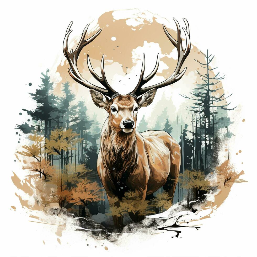 Deer head with antlers in the forest with sun. Vector illustration. t shirt design Ai Generated photo