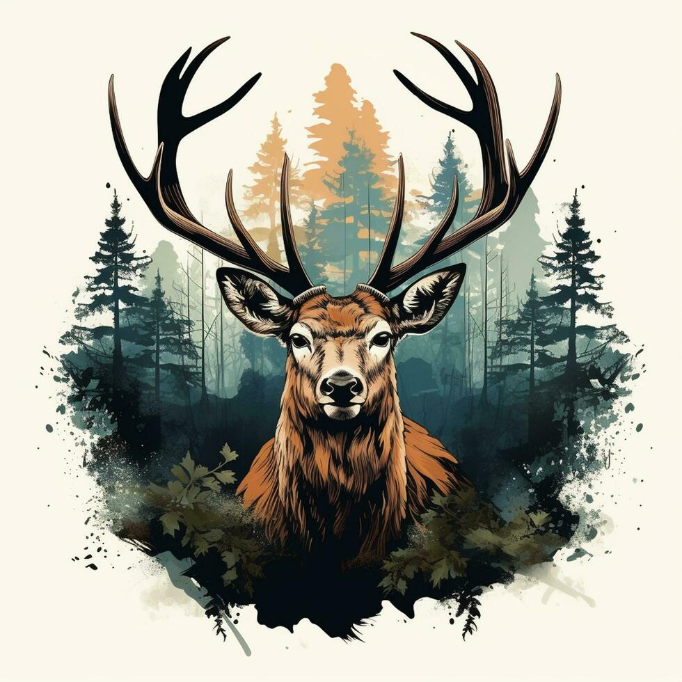 ciervo cabeza con cornamenta en el bosque con Dom. vector ilustración. t camisa diseño ai generado foto