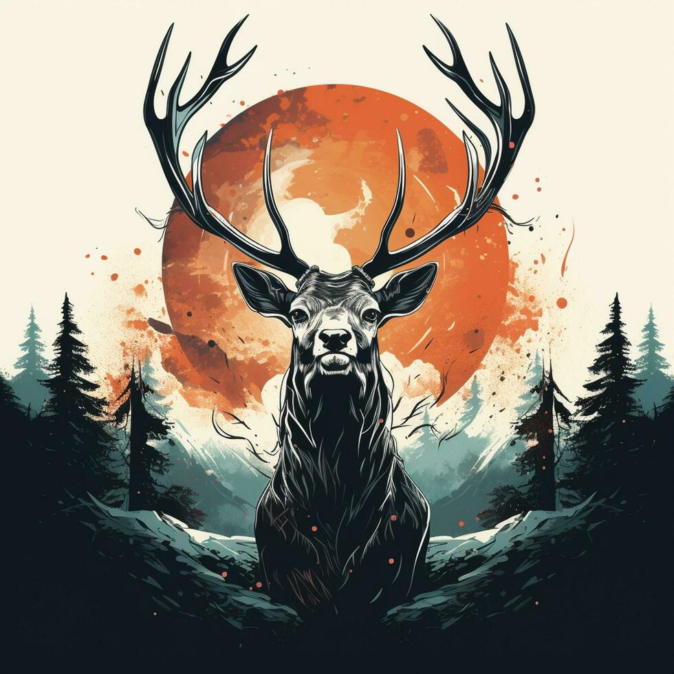 Deer head with antlers in the forest with sun. Vector illustration. t shirt design Ai Generated photo