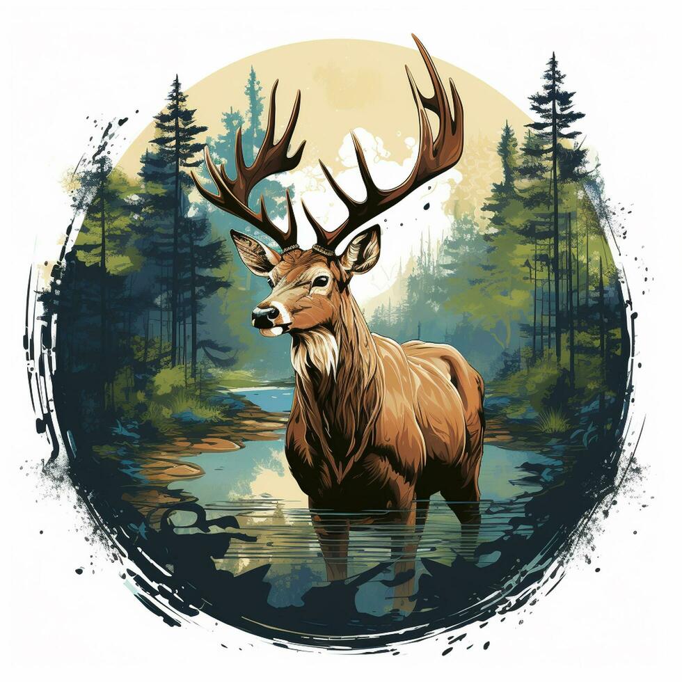 ciervo cabeza con cornamenta en el bosque con Dom. vector ilustración. t camisa diseño ai generado foto