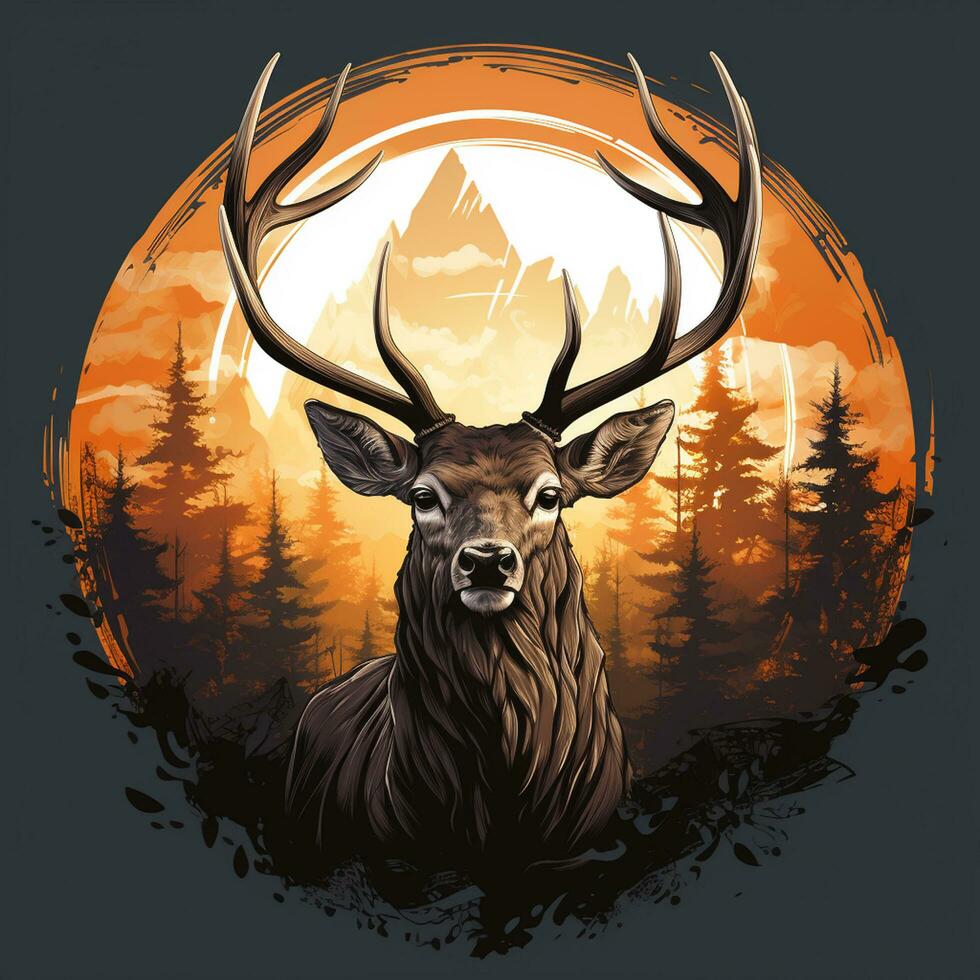 Deer head with antlers in the forest with sun. Vector illustration. t shirt design Ai Generated photo