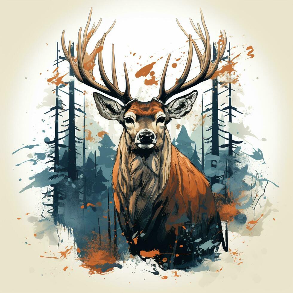 ciervo cabeza con cornamenta en el bosque con Dom. vector ilustración. t camisa diseño ai generado foto