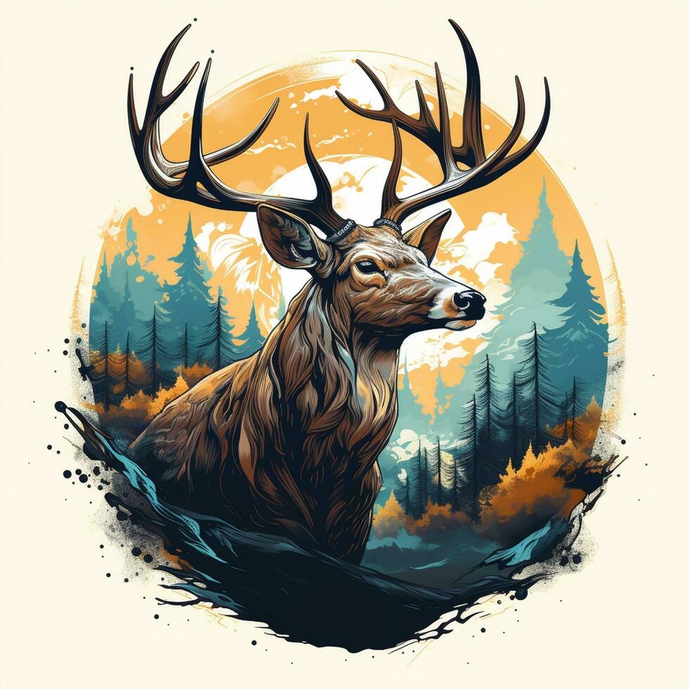 Deer head with antlers in the forest with sun. Vector illustration. t shirt design Ai Generated photo
