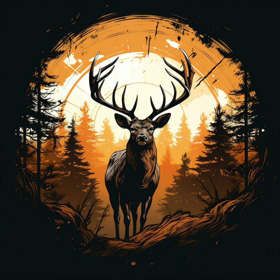 Deer head with antlers in the forest with sun. Vector illustration. t shirt design Ai Generated photo