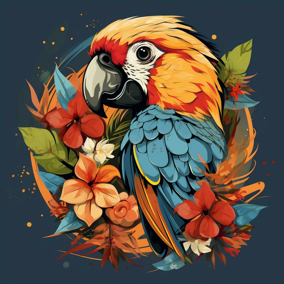 Parrot with flowers. Vector illustration for tattoo or t shirt design Ai Generated photo