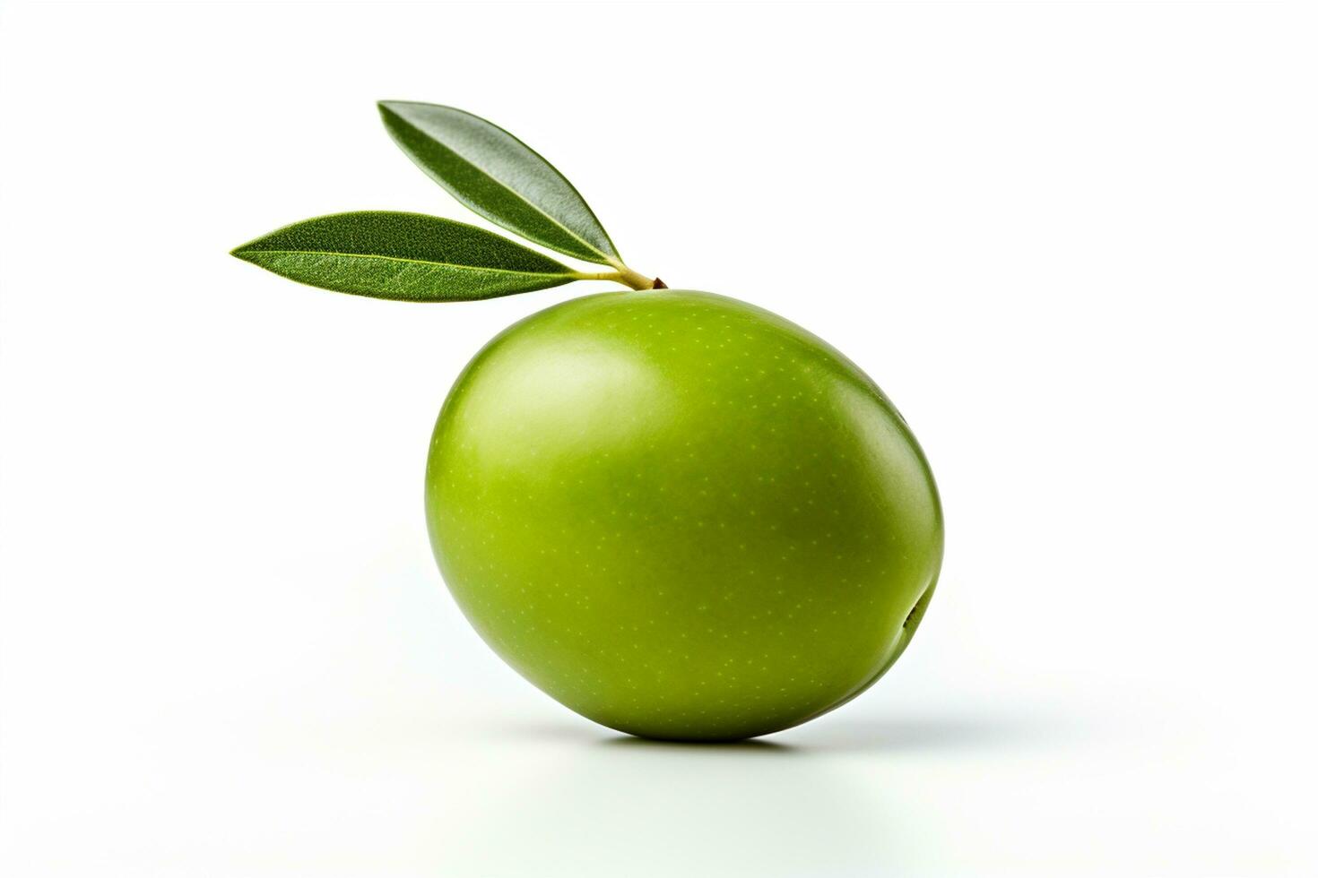 Green olives with leaves on a white background, close-up Ai Generated photo