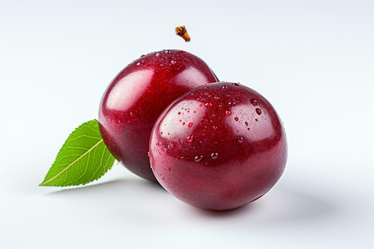 Cherry with leaf on white background. Clipping path included. Ai Generated photo