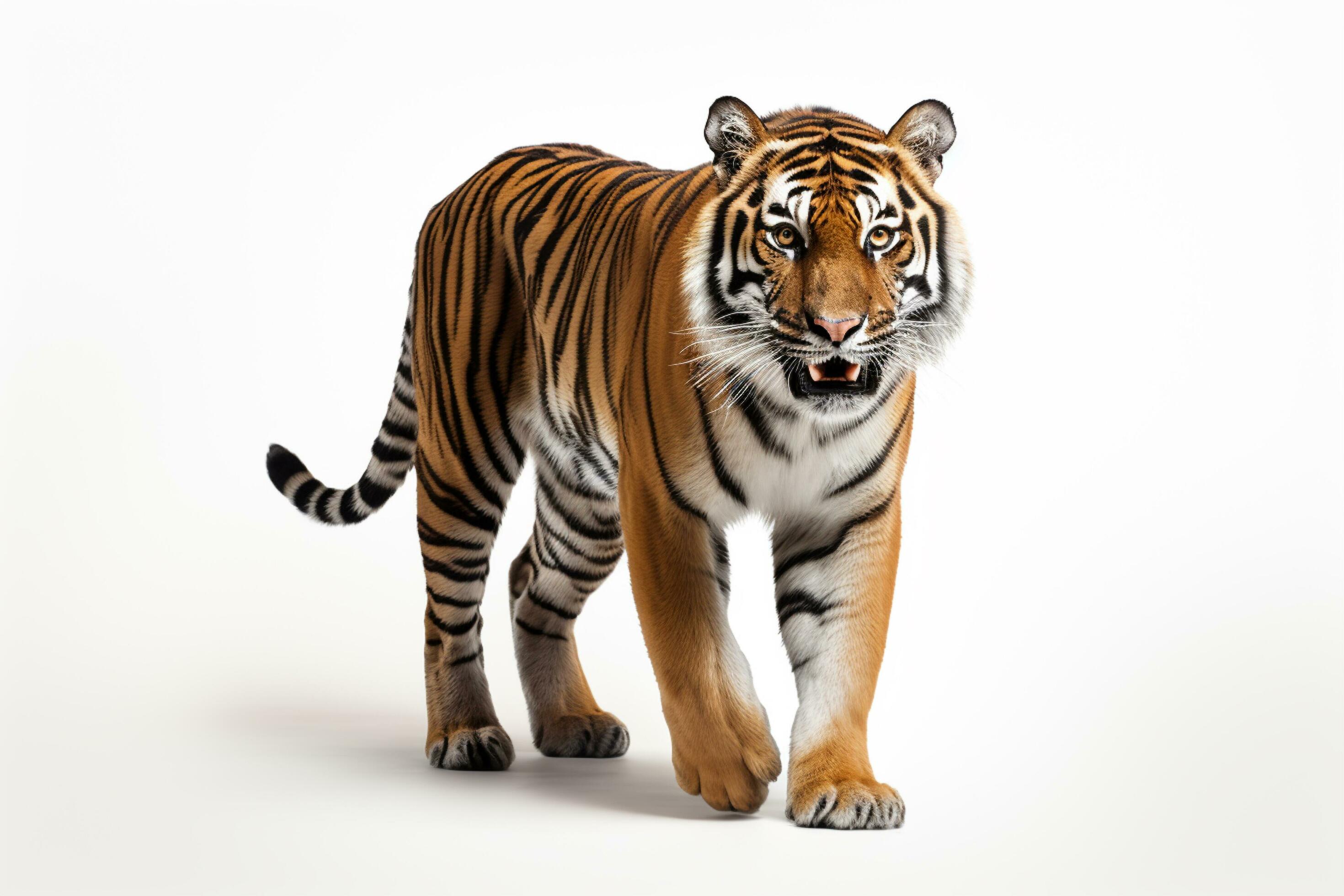 Tiger standing isolated on white background with clipping path, front