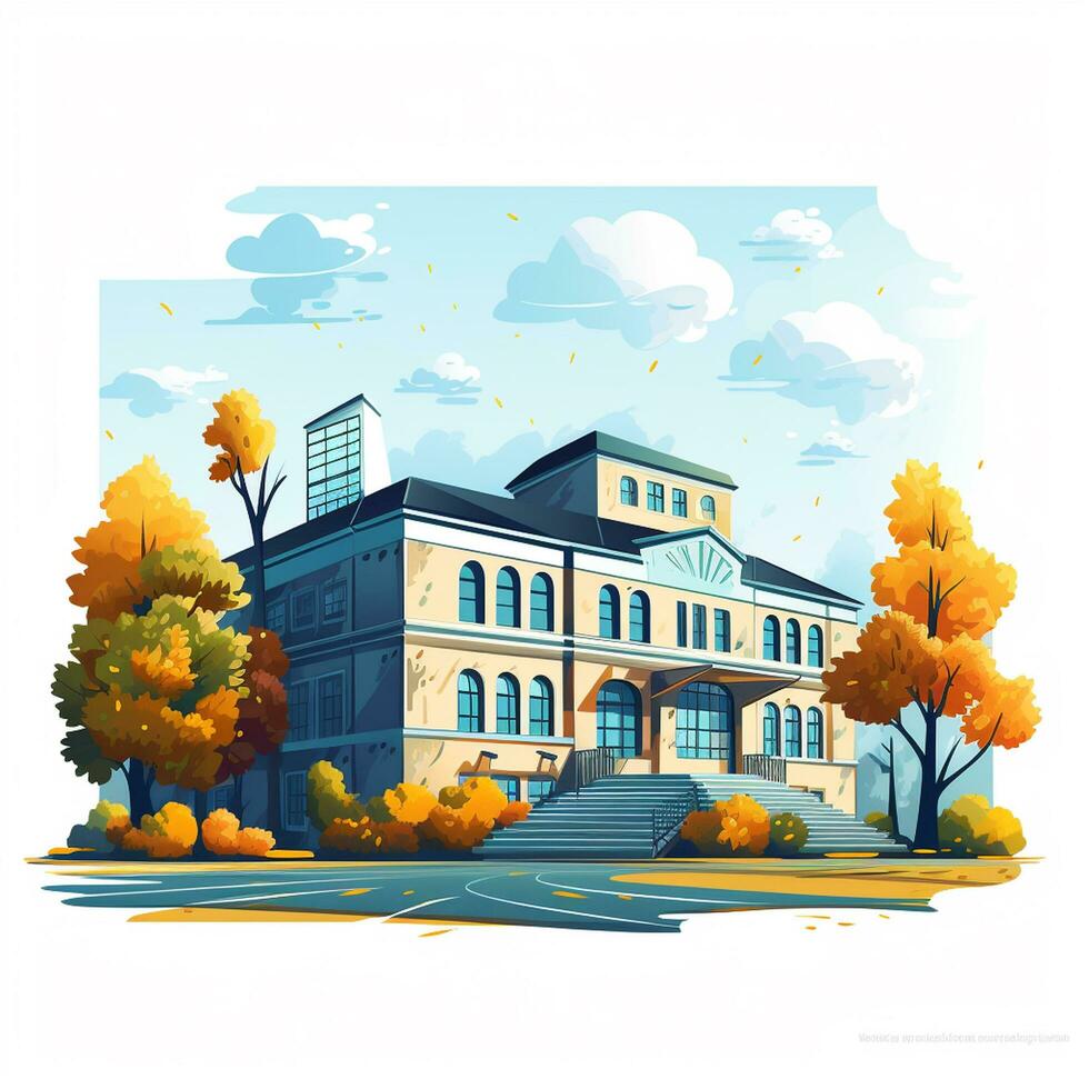 School building on the background of the autumn landscape. Vector illustration. Ai Generated photo