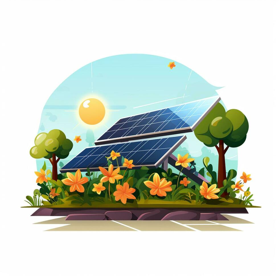 solar paneles y flores en el jardín vector ilustración. alternativa energía concepto. ai generado foto