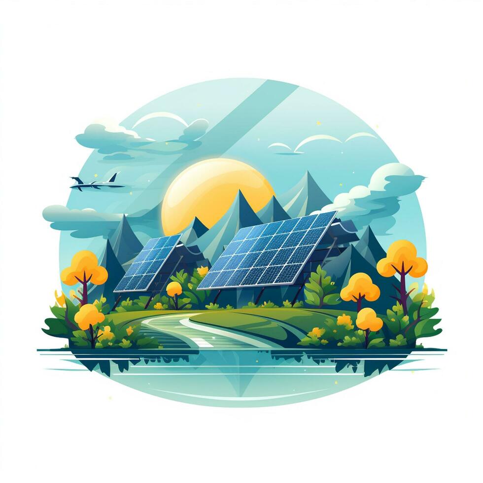 Solar panels on green field. Alternative energy source. Ecology concept. Vector illustration Ai Generated photo