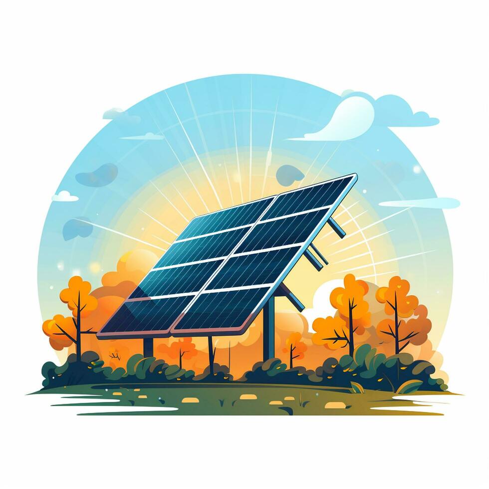 Solar panels on green field. Alternative energy source. Ecology concept. Vector illustration Ai Generated photo