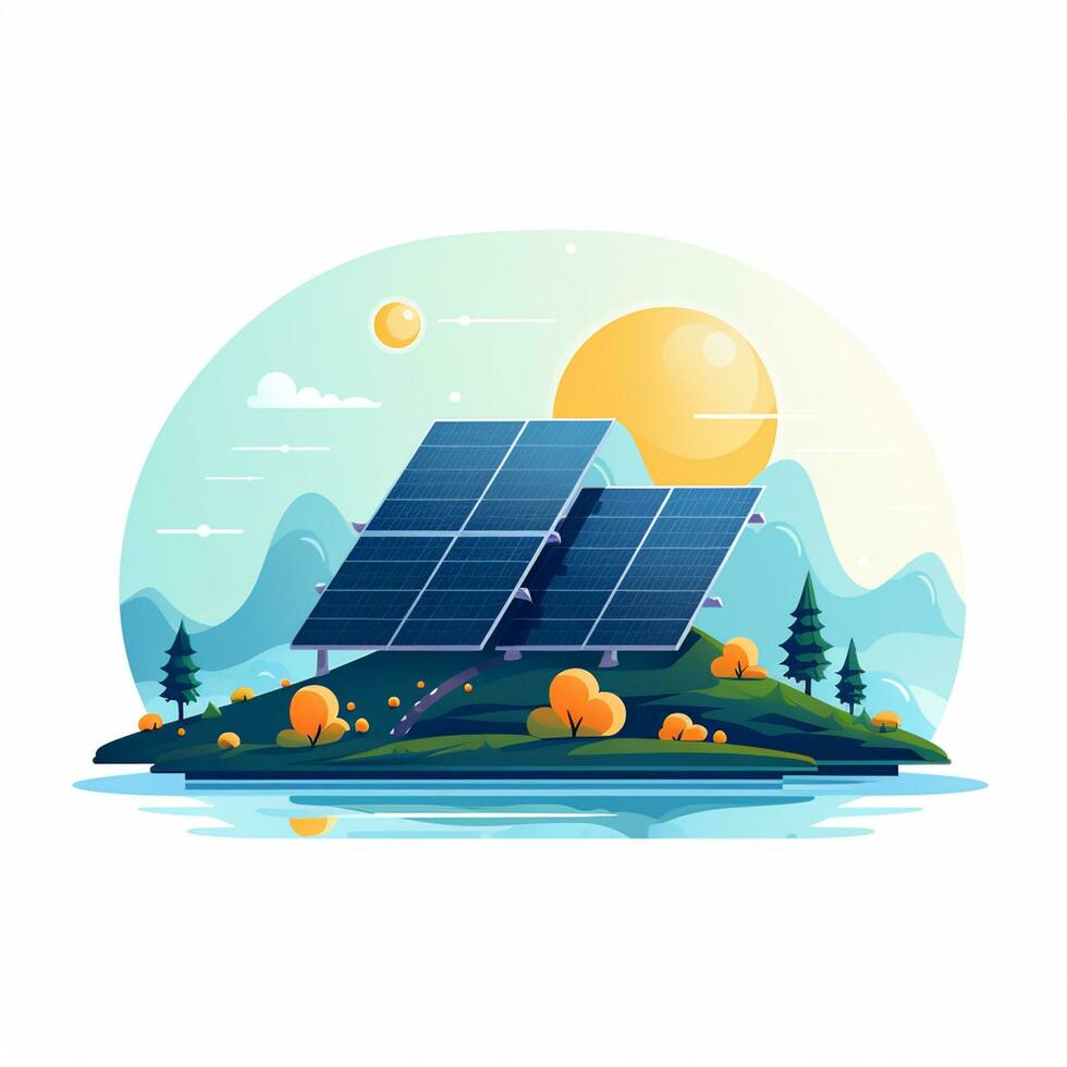 Solar panels on green field. Alternative energy source. Ecology concept. Vector illustration Ai Generated photo