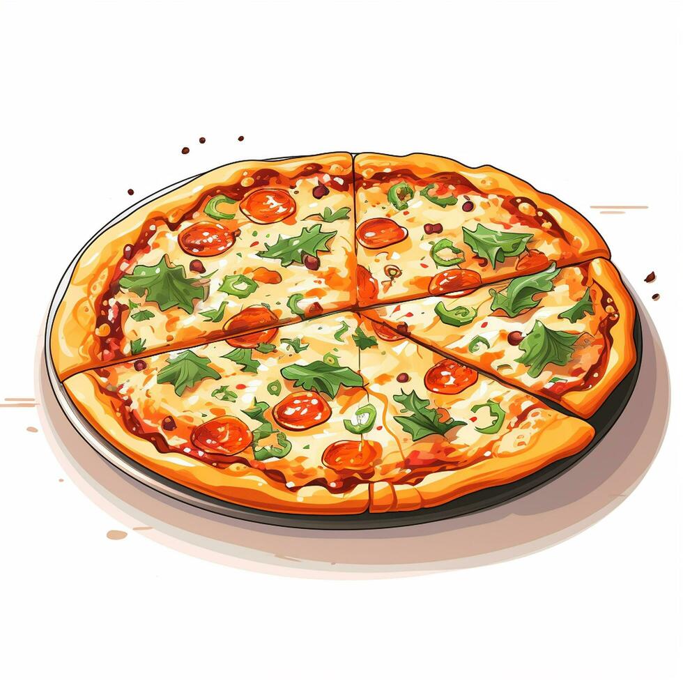 Illustration of a pizza with tomato and parsley on a white background Ai Generated photo