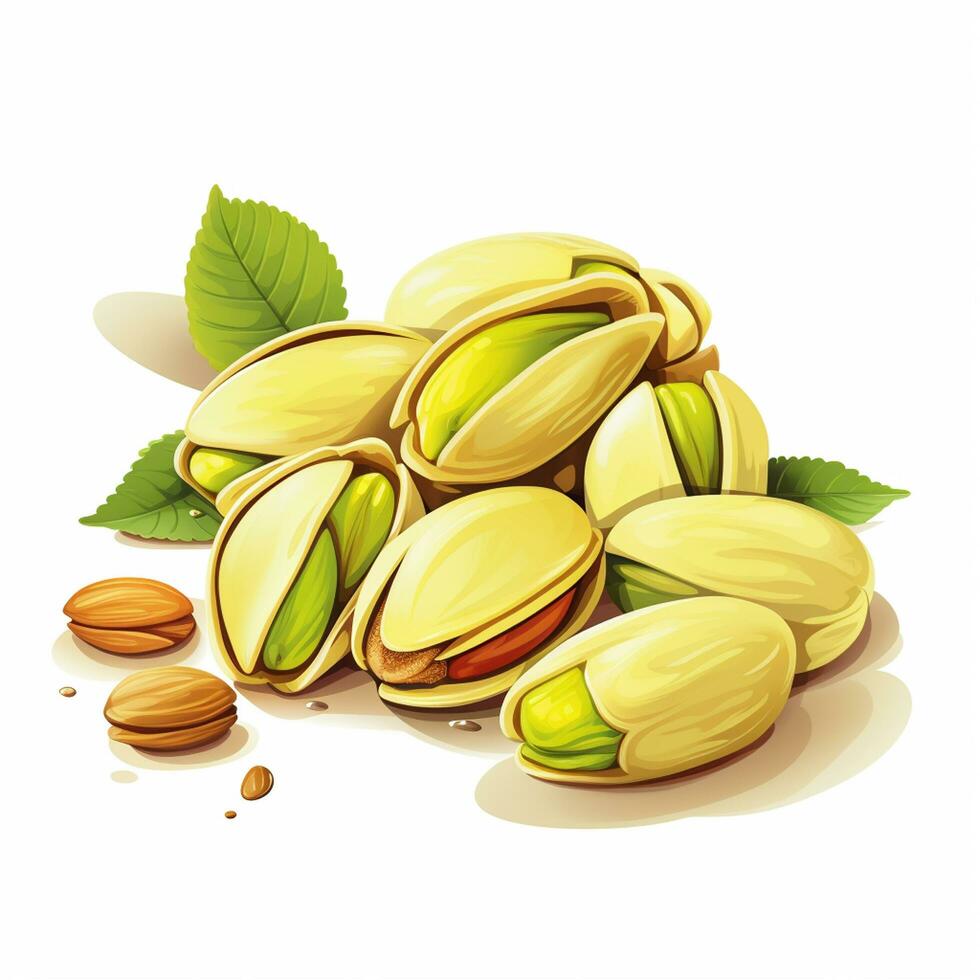 Pistachio nuts in wooden bowl with green leaves. Vector illustration. Ai Generated photo