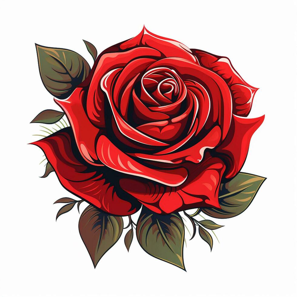 Beautiful red rose with leaves isolated on white background. Vector illustration. Ai Generated photo