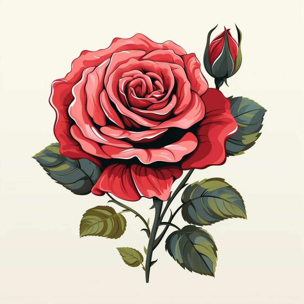 Beautiful red rose with leaves isolated on white background. Vector illustration. Ai Generated photo