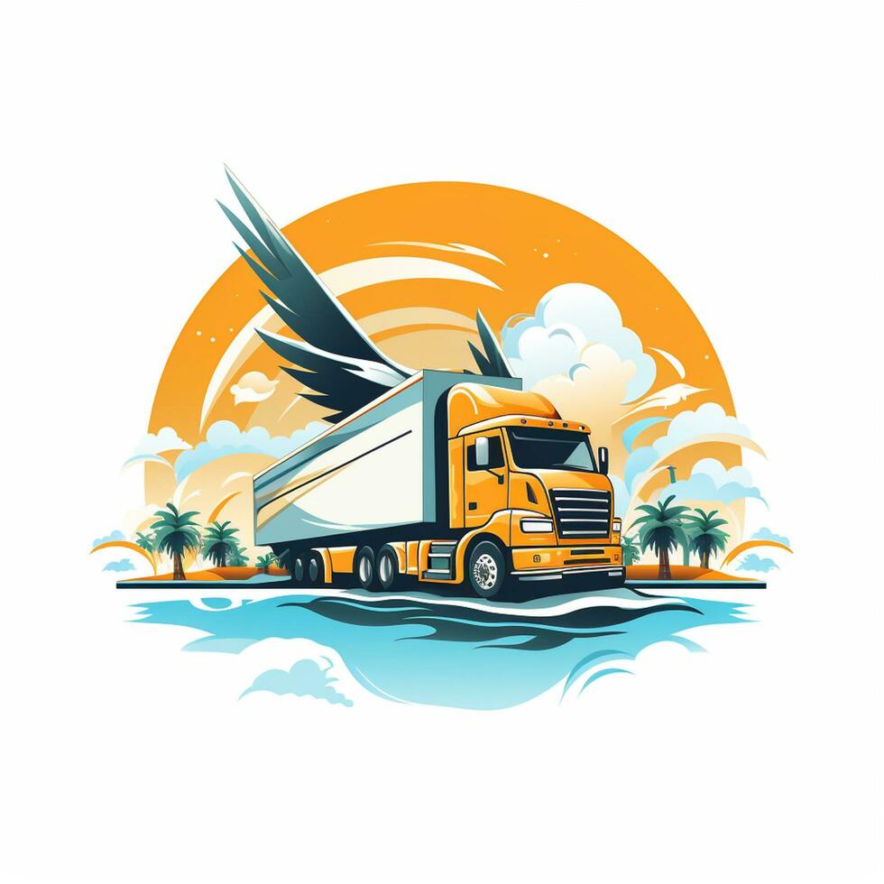 Truck on the background of the sea and palm trees. Vector illustration Ai Generated photo