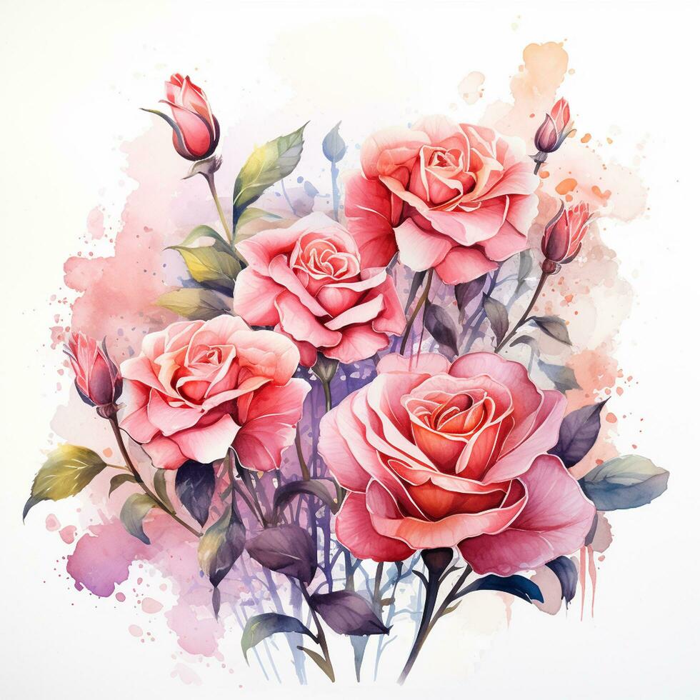 Beautiful watercolor rose bouquet on white background. Vector illustration. Ai Generated photo