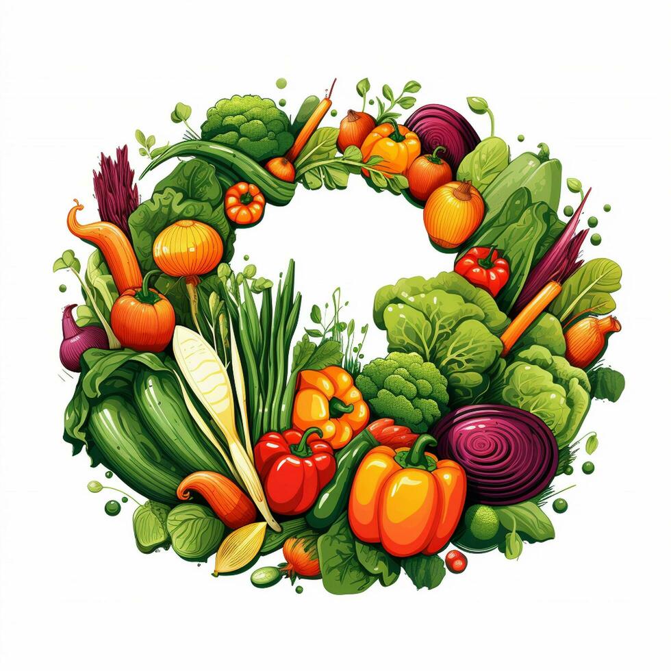 Vegetable round frame with fresh vegetables. Vector illustration for your design Ai Generated photo