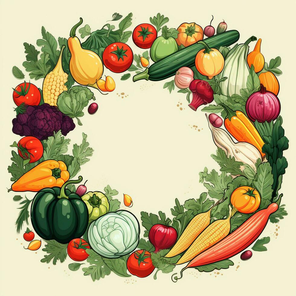 Vegetable round frame with fresh vegetables. Vector illustration for your design Ai Generated photo