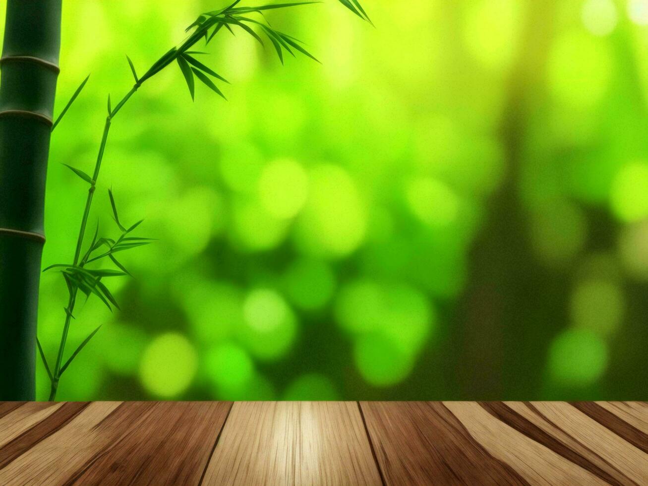 Wooden table on bamboo plant background ai generated photo