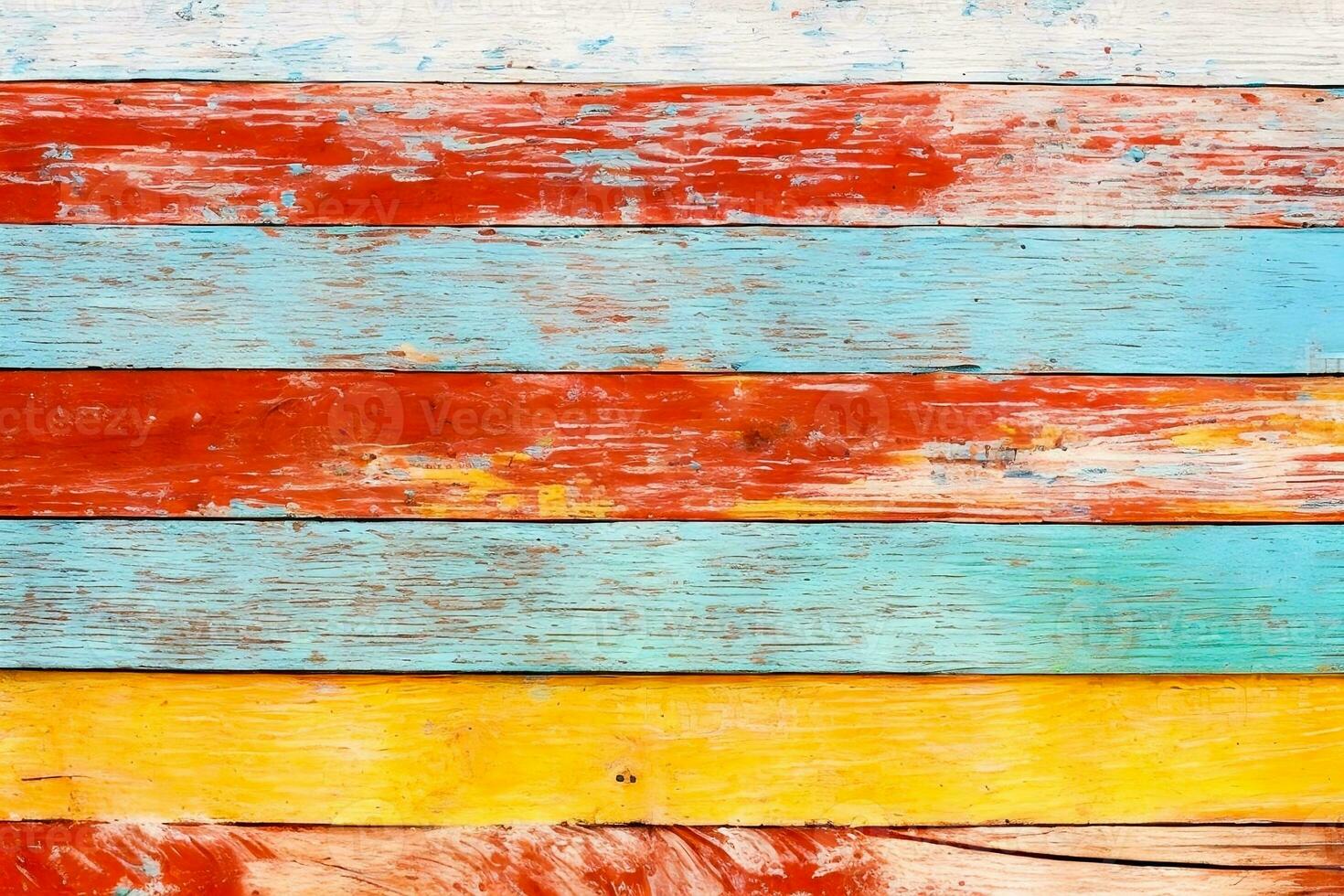 Texture of vintage wood boards with cracked paint of white, red, green and blue color. Generative AI photo