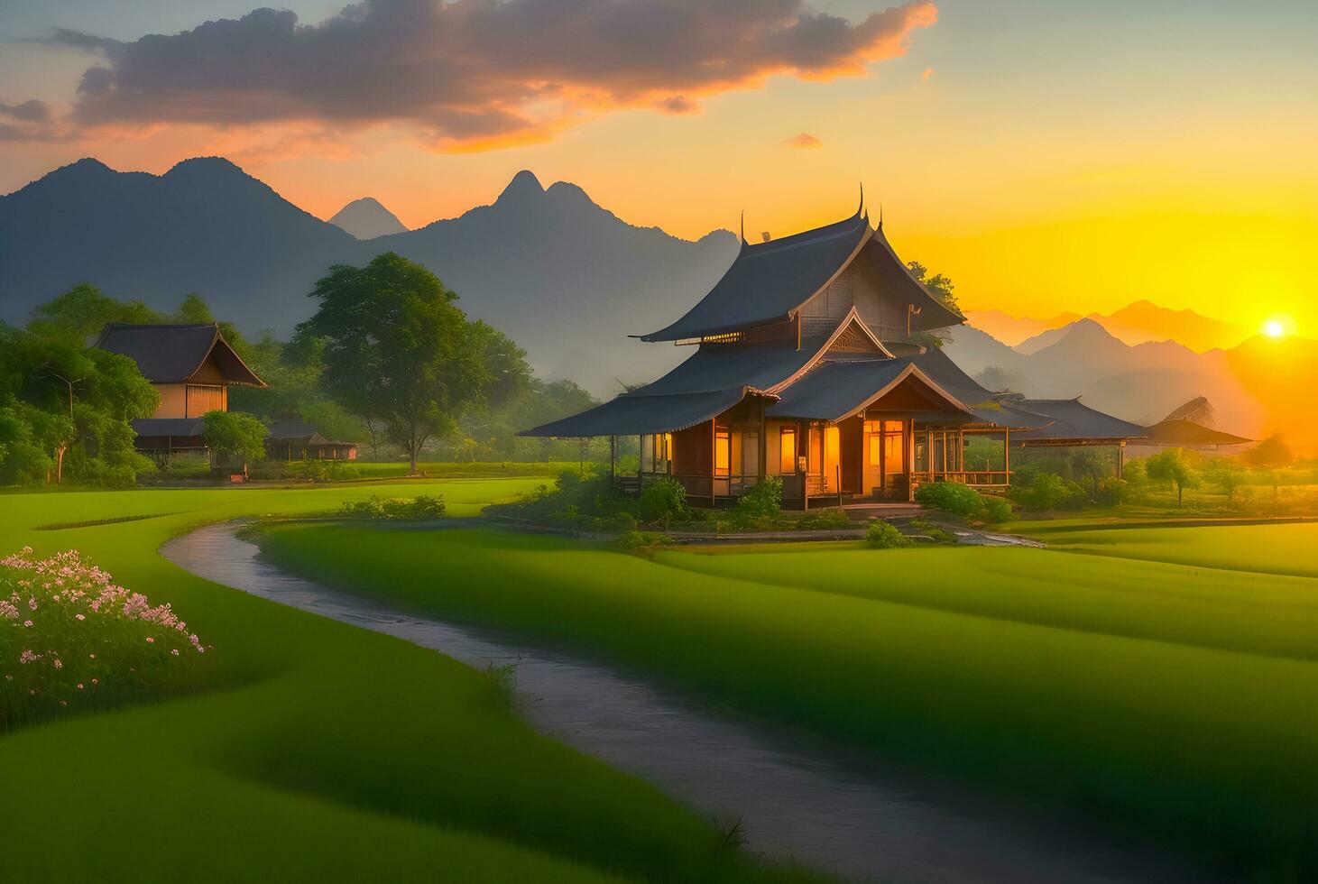 country houses. Natural home. in the middle of the green rice fields and and sunset. ai generated photo