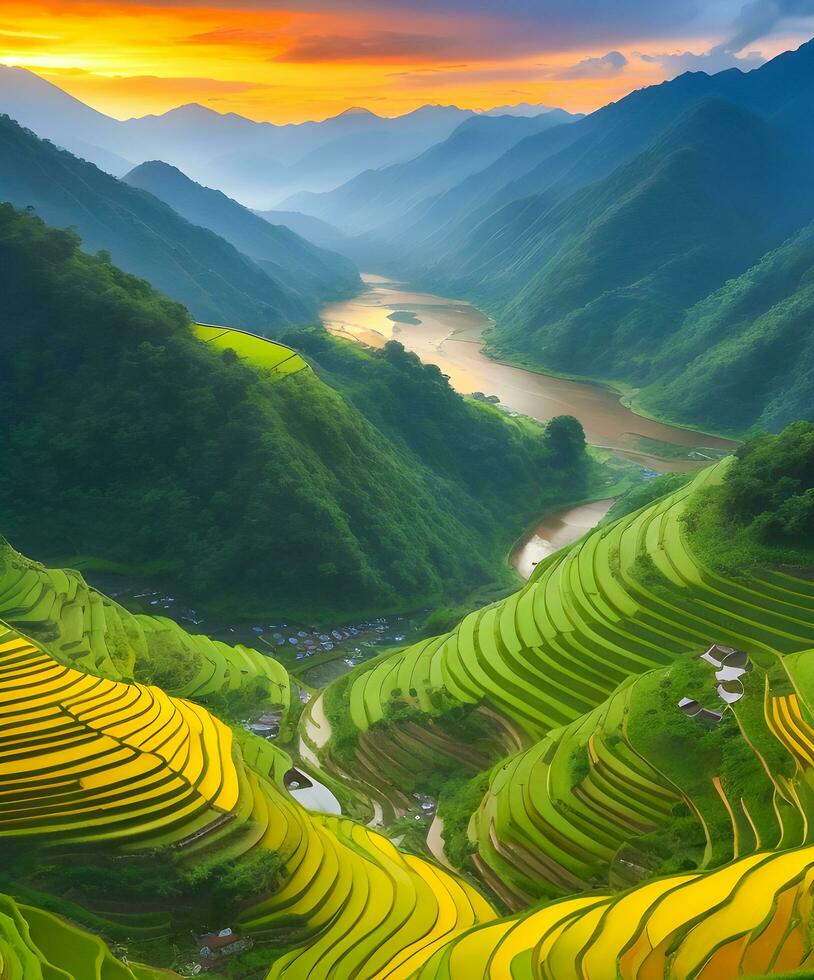 Beautiful rice terraces. Surrounded by mountains and sunset. ai generated photo