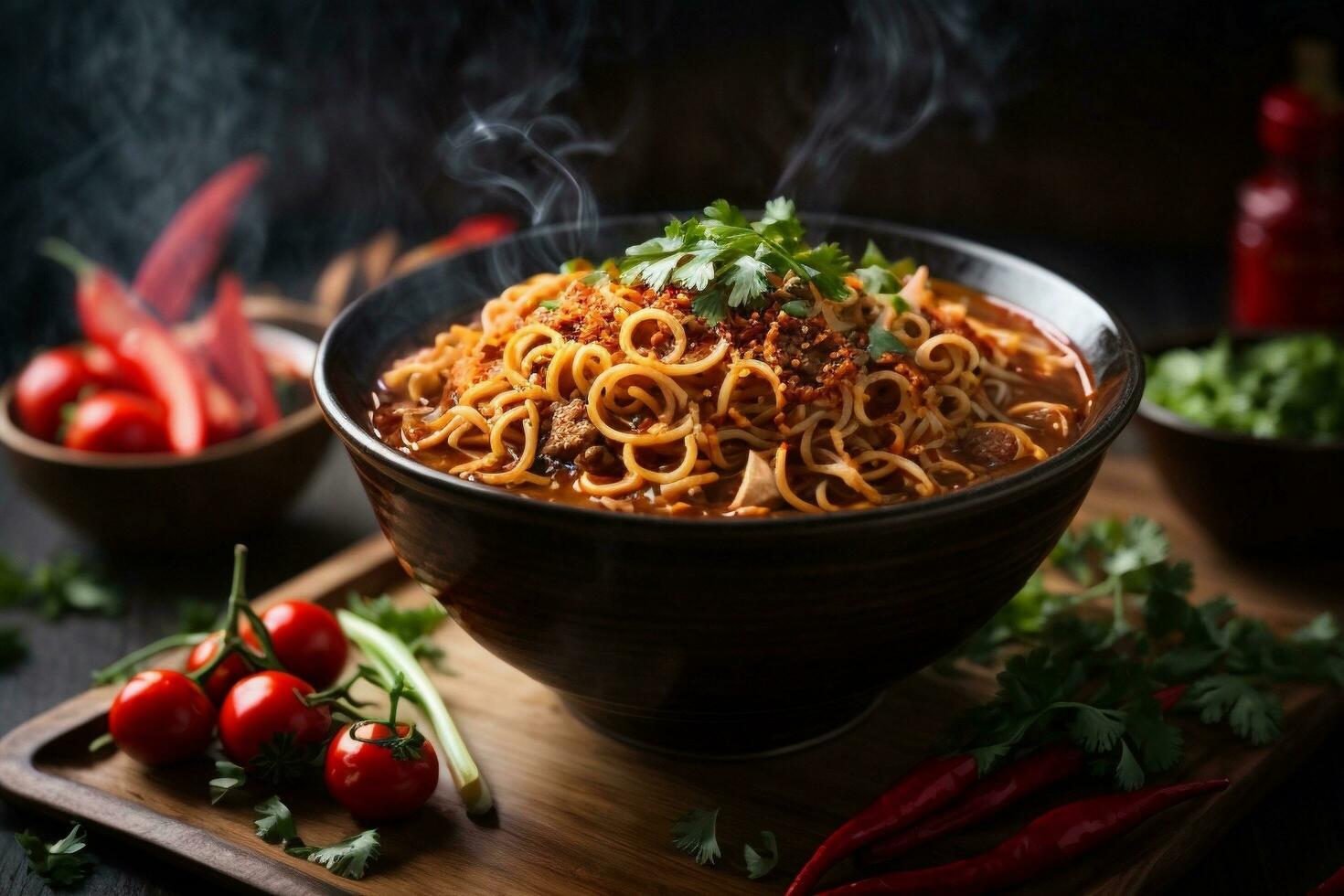 Mouth-watering  and tempting traditional spicy noodles photo