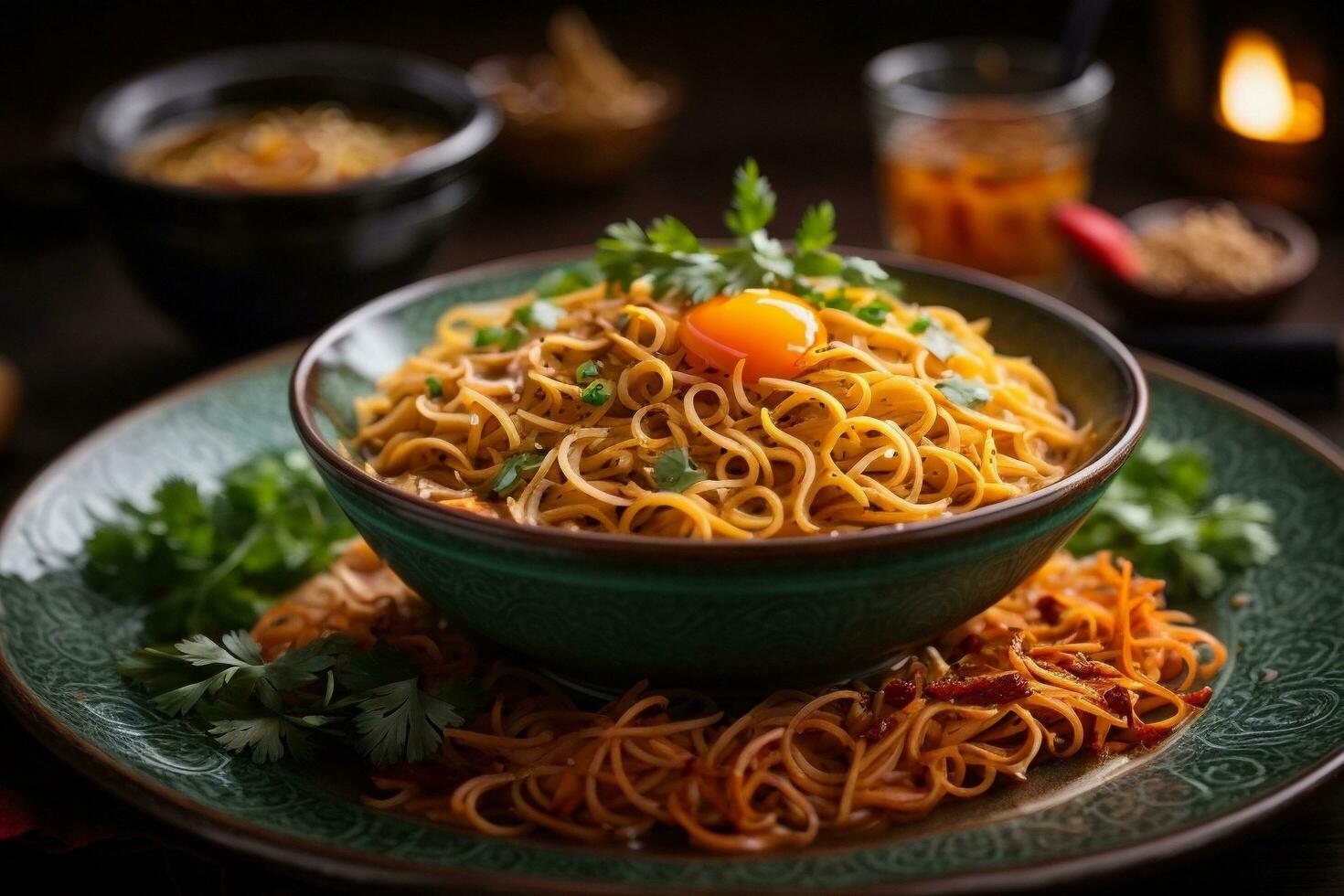 Mouth-watering and Tempting hot spicy noodles Generative AI photo