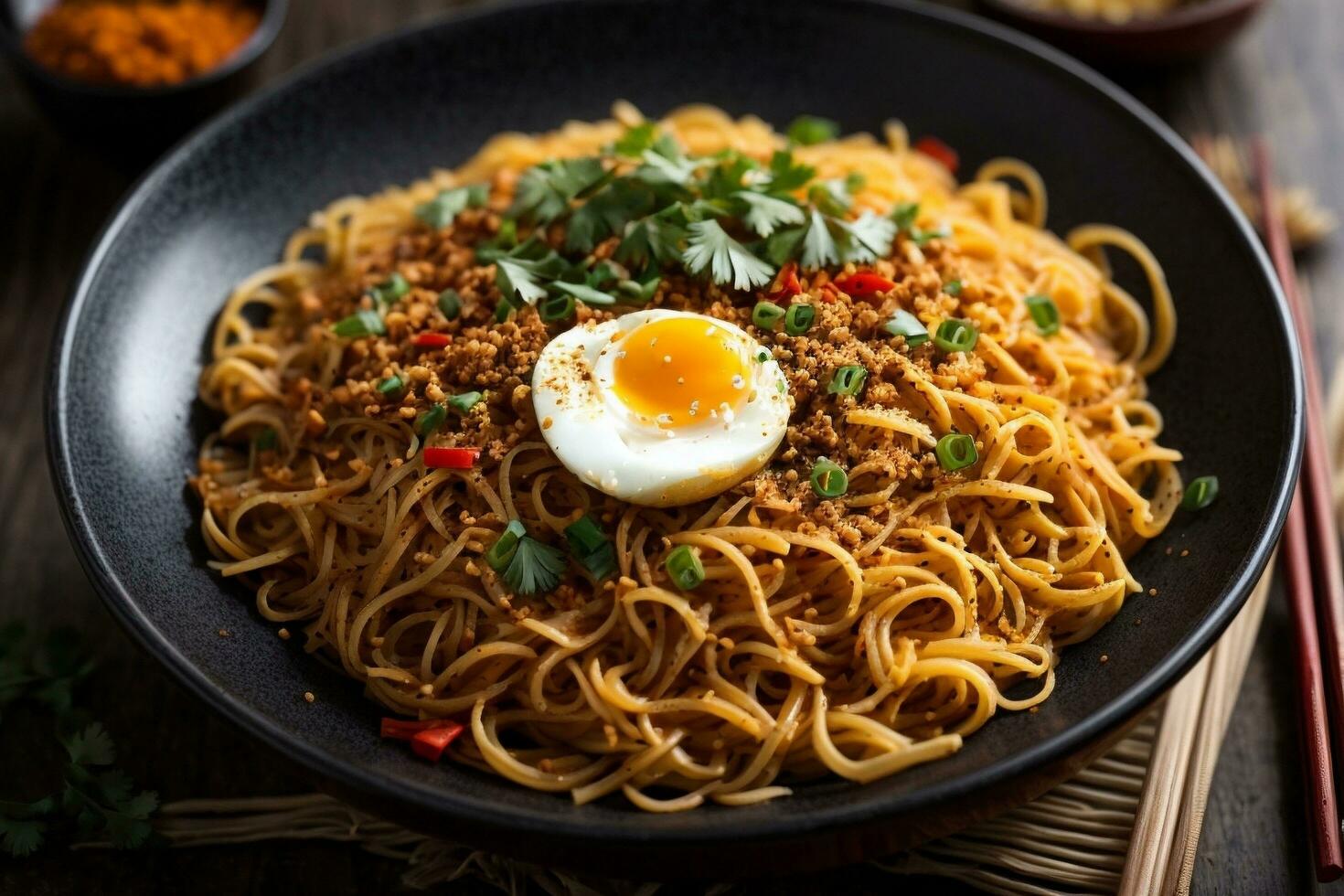 Mouth-watering and Tempting hot spicy noodles Generative AI photo