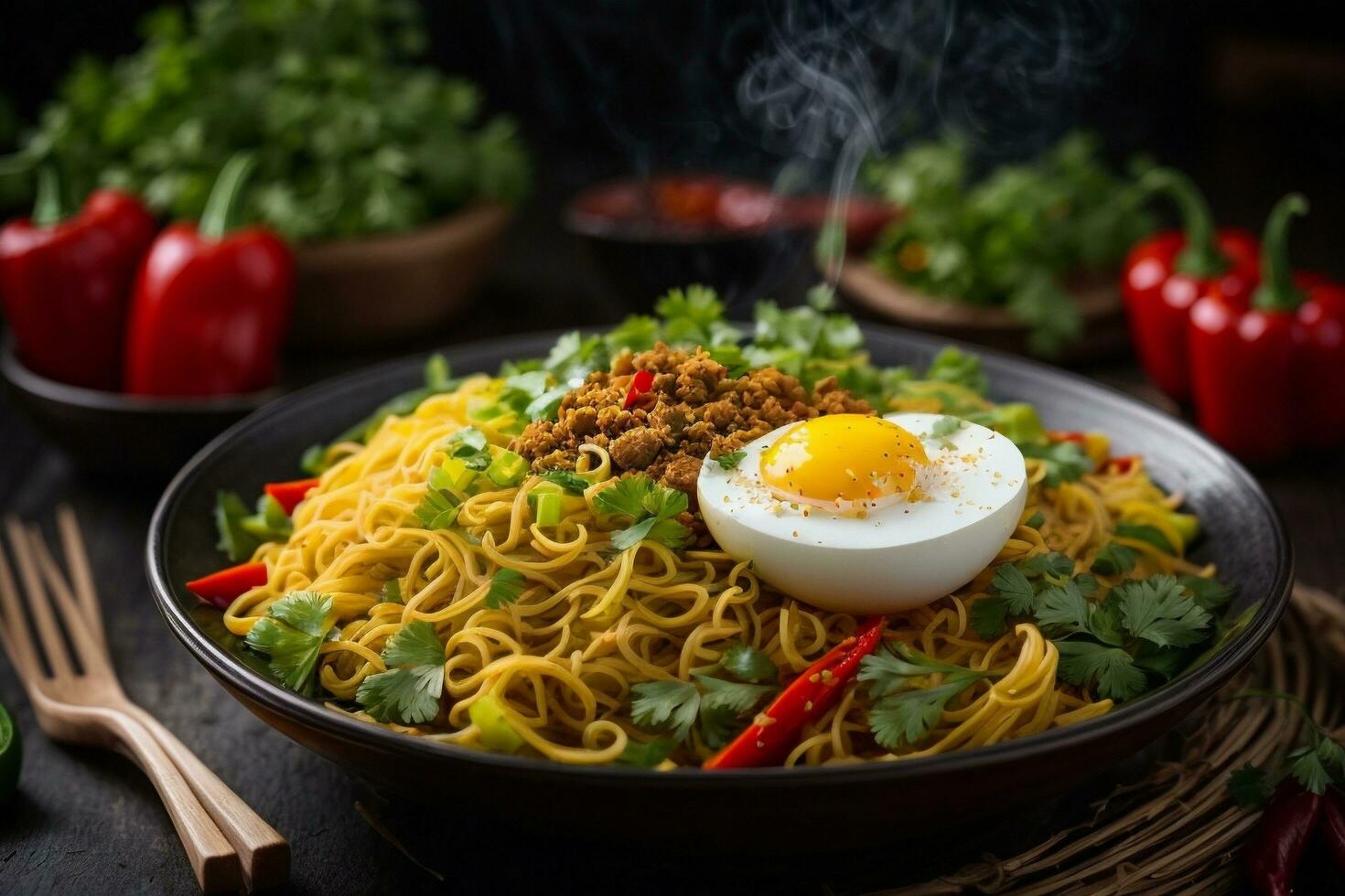 Savory hot spicy noodles Generative AI photo