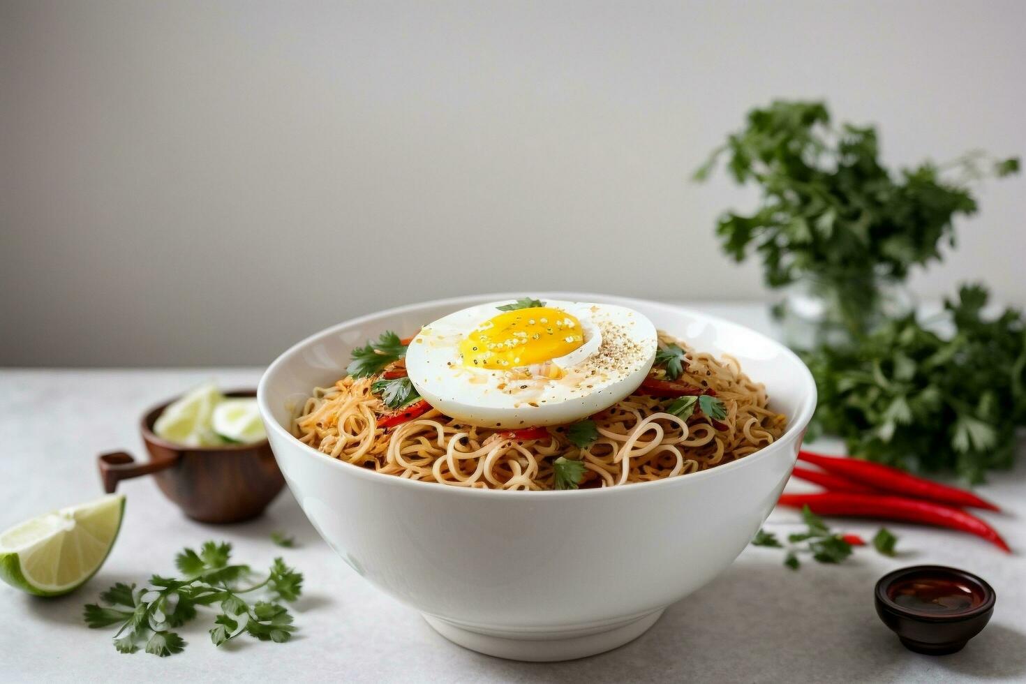 Delicious hot spicy noodles by Generative AI photo