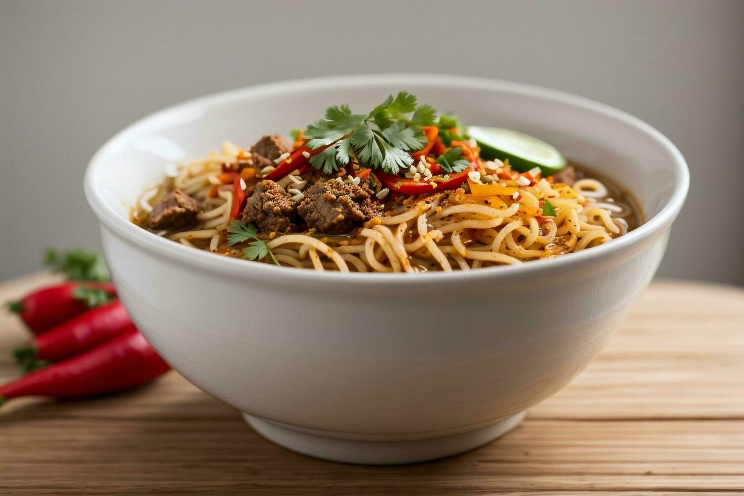 Delicious hot spicy noodles by Generative AI photo