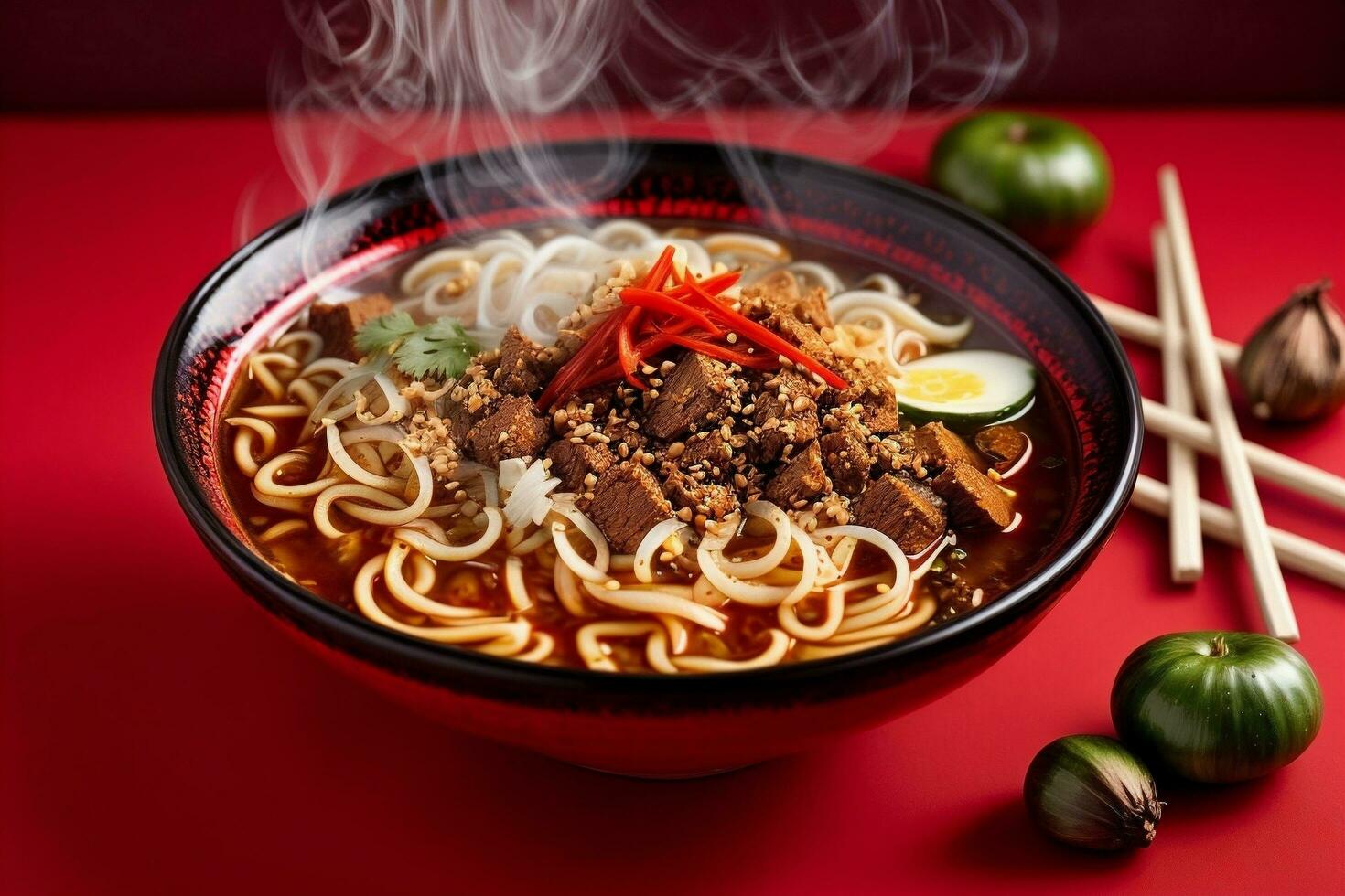 Delicious hot spicy noodles by Generative AI photo