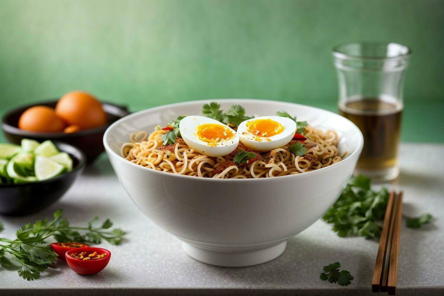 Delicious hot spicy noodles by Generative AI photo