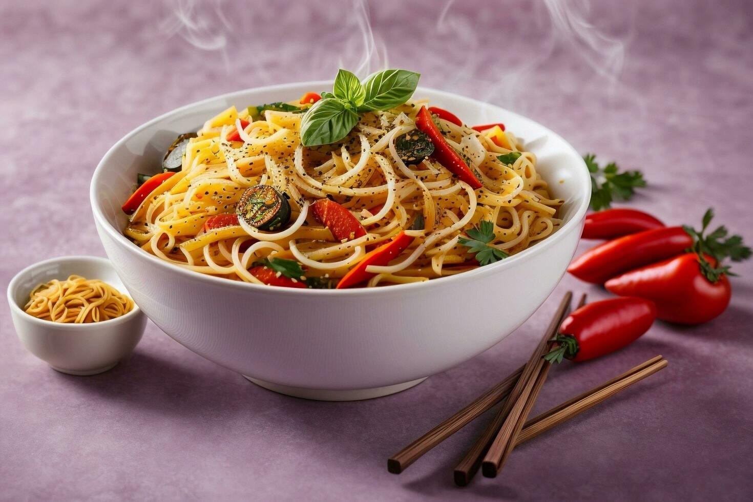 Delicious hot spicy noodles by Generative AI photo