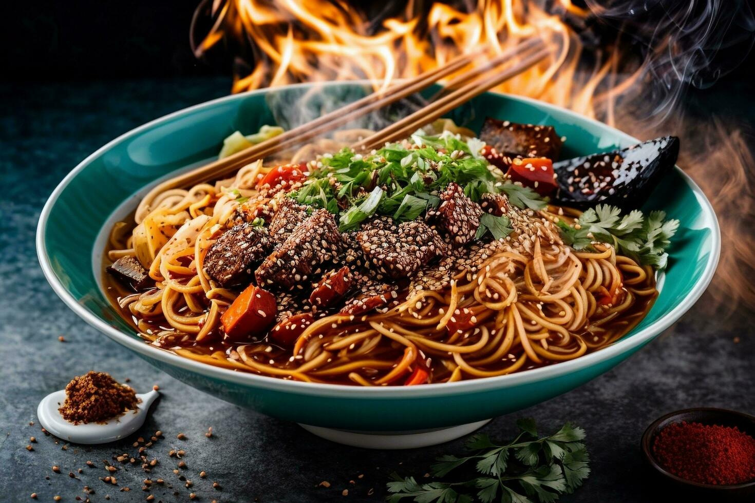 Delicious hot spicy noodles by Generative AI photo