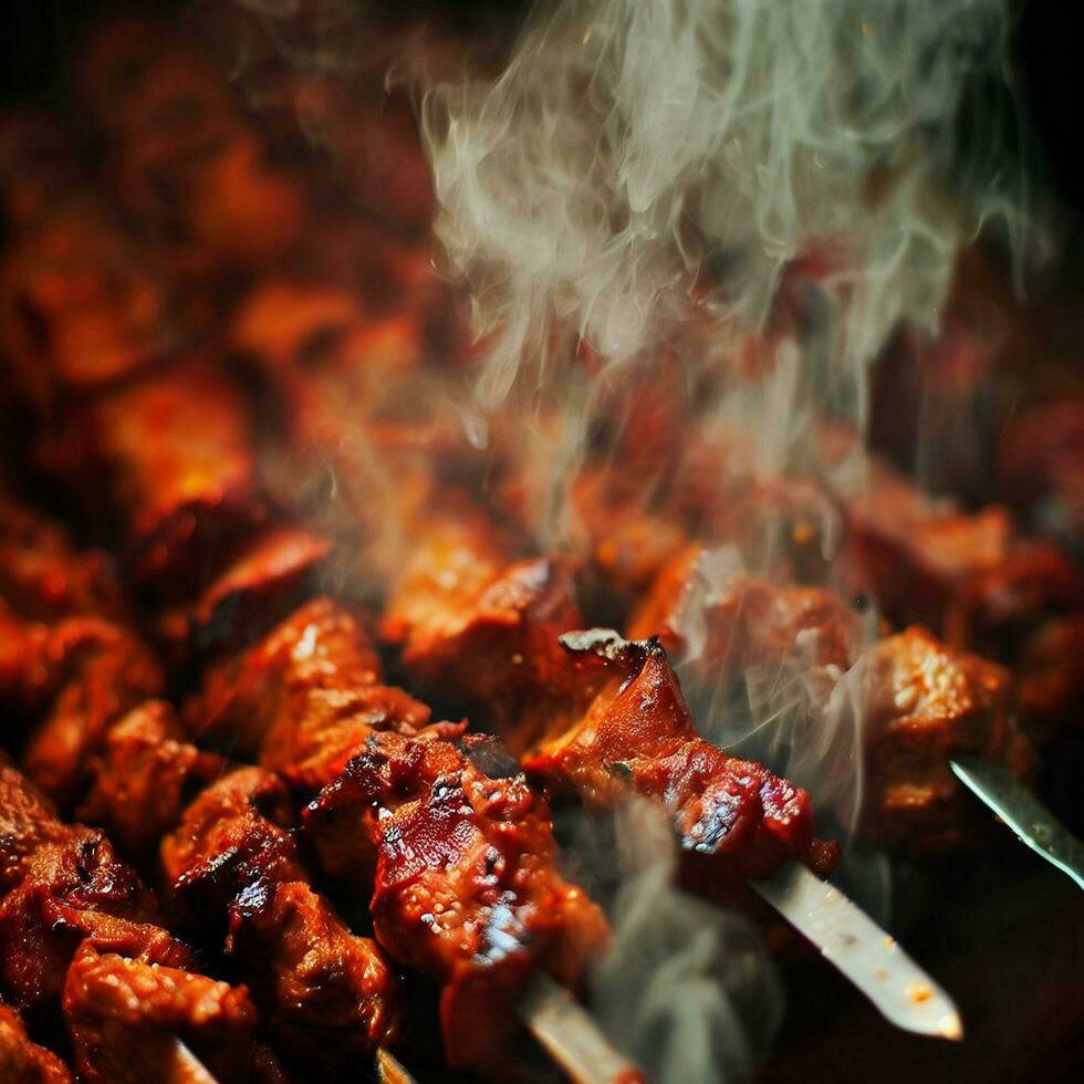 Delicious hot spicy shish kebab Generative AI photo