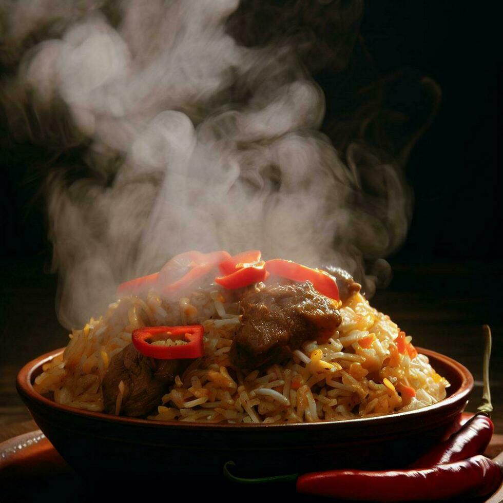 A Mouthwatering Biryani with Basmati Rice that was Absolutely Delicious by Generative AI photo