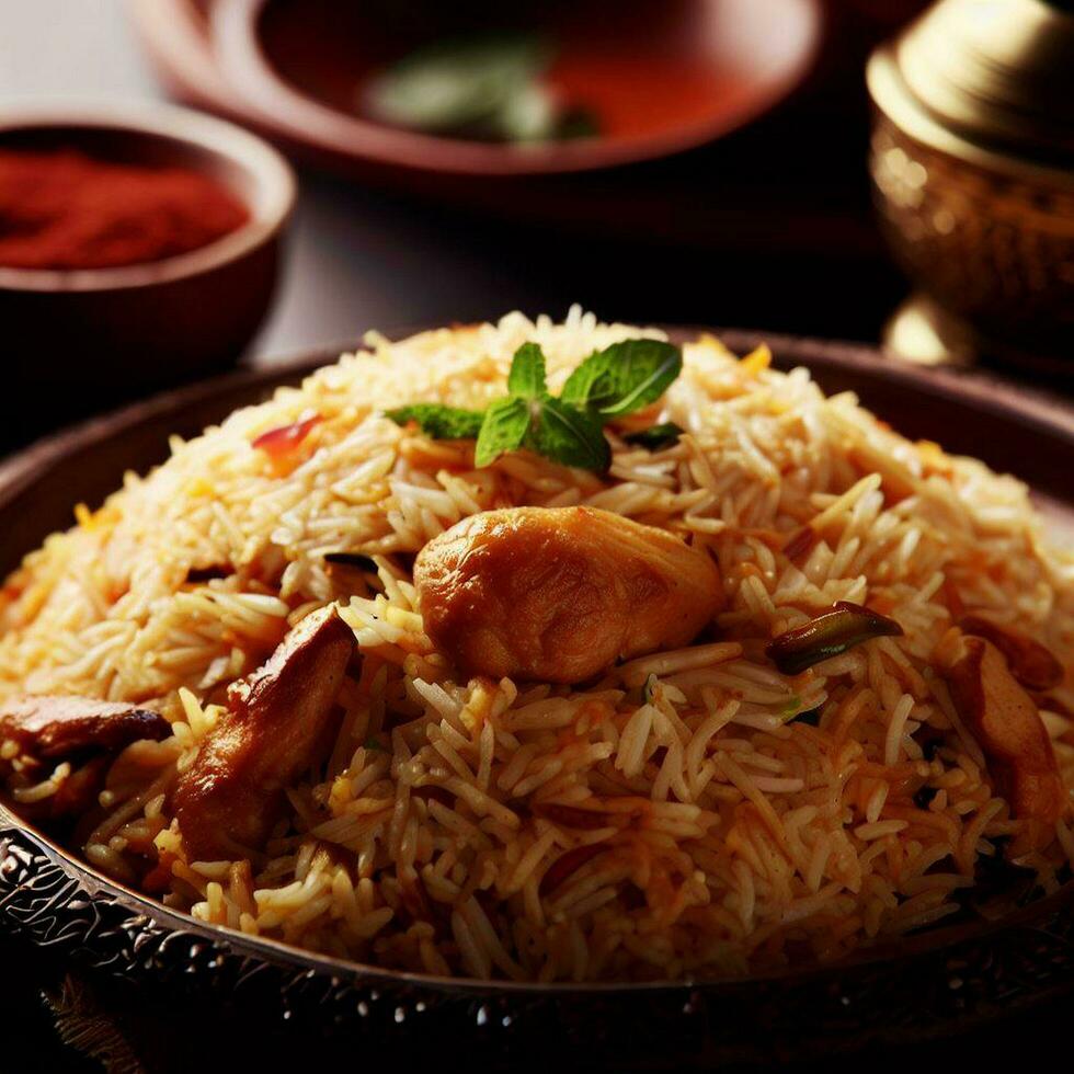 A Mouthwatering Biryani with Basmati Rice that was Absolutely Delicious by Generative AI photo